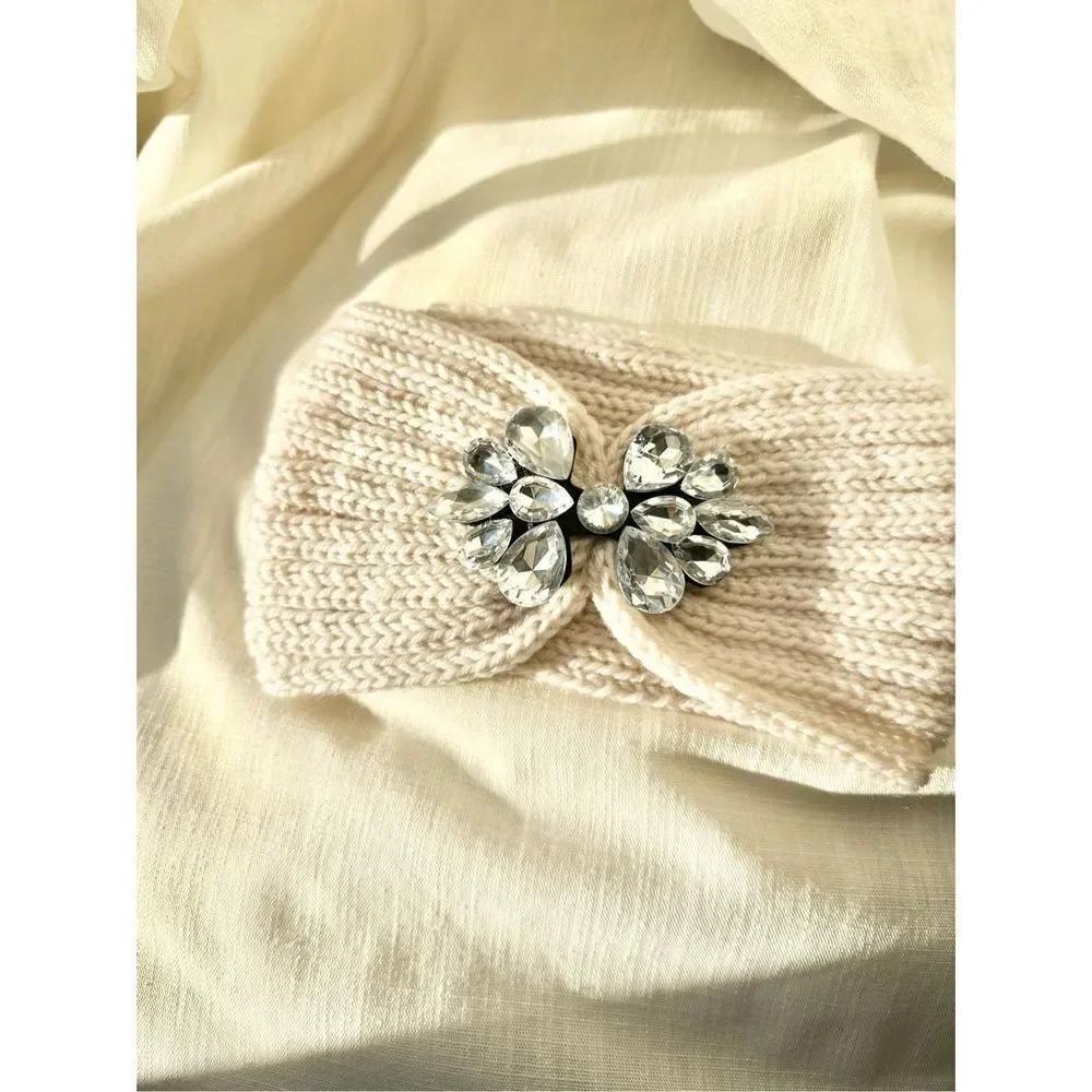 Cream rhinestone cable knit headband
